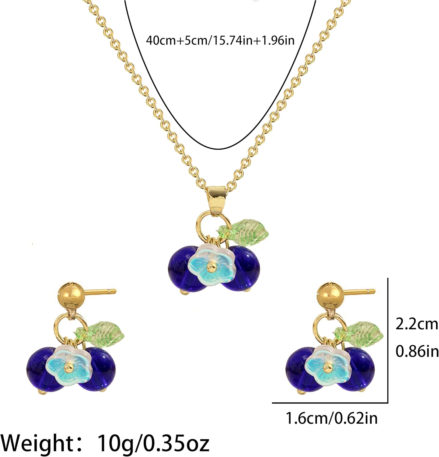 Blueberry Earrings Necklace Set for Women 3D Funny Realistic Fruit Jewelry Set Cute Blueberry Accessories with Flower Leaf Charm Sweet Lightweight Jewelry Gifts - Image 7