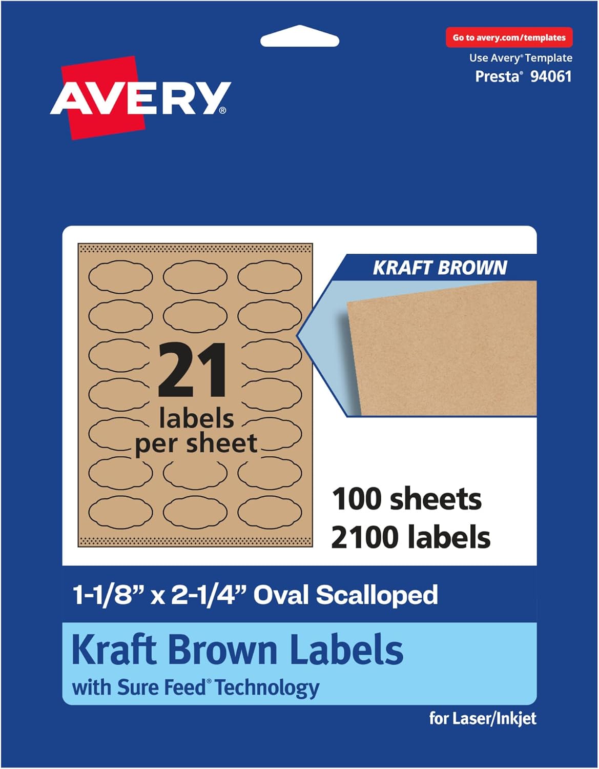 Avery Kraft Brown Oval Scalloped Labels, Sure Feed Technology, 1-1/8" x 2-1/4", 2,100 Kraft Brown Labels, Print-to-The-Edge, Laser/Inkjet Printable