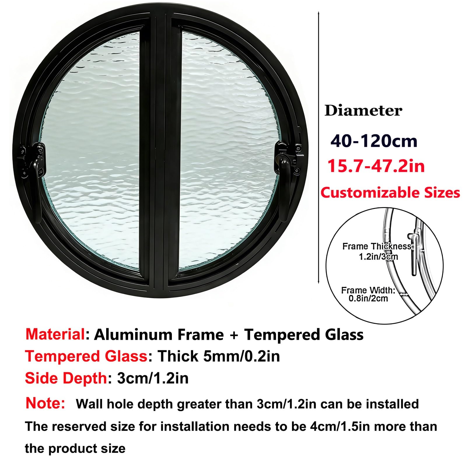 Ventana Ventana redonda abatible de doble apertura, ojo de buey empotrado personalizado 40‑120 cm con vidrio templado, repuesto para baños, cocinas, dormitorios y salas de estar(Black,87 cm/34.3 in)