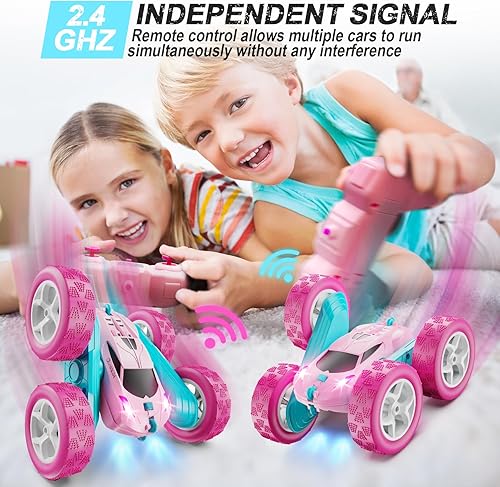 Miniatura 3 de RC Cars, Pink Remote Control Car for Girls, 2.4 GHZ Double Sided RC Stunt Car 360° Rotating Remote Control Crawler with Headlights Car Toys for 6 7