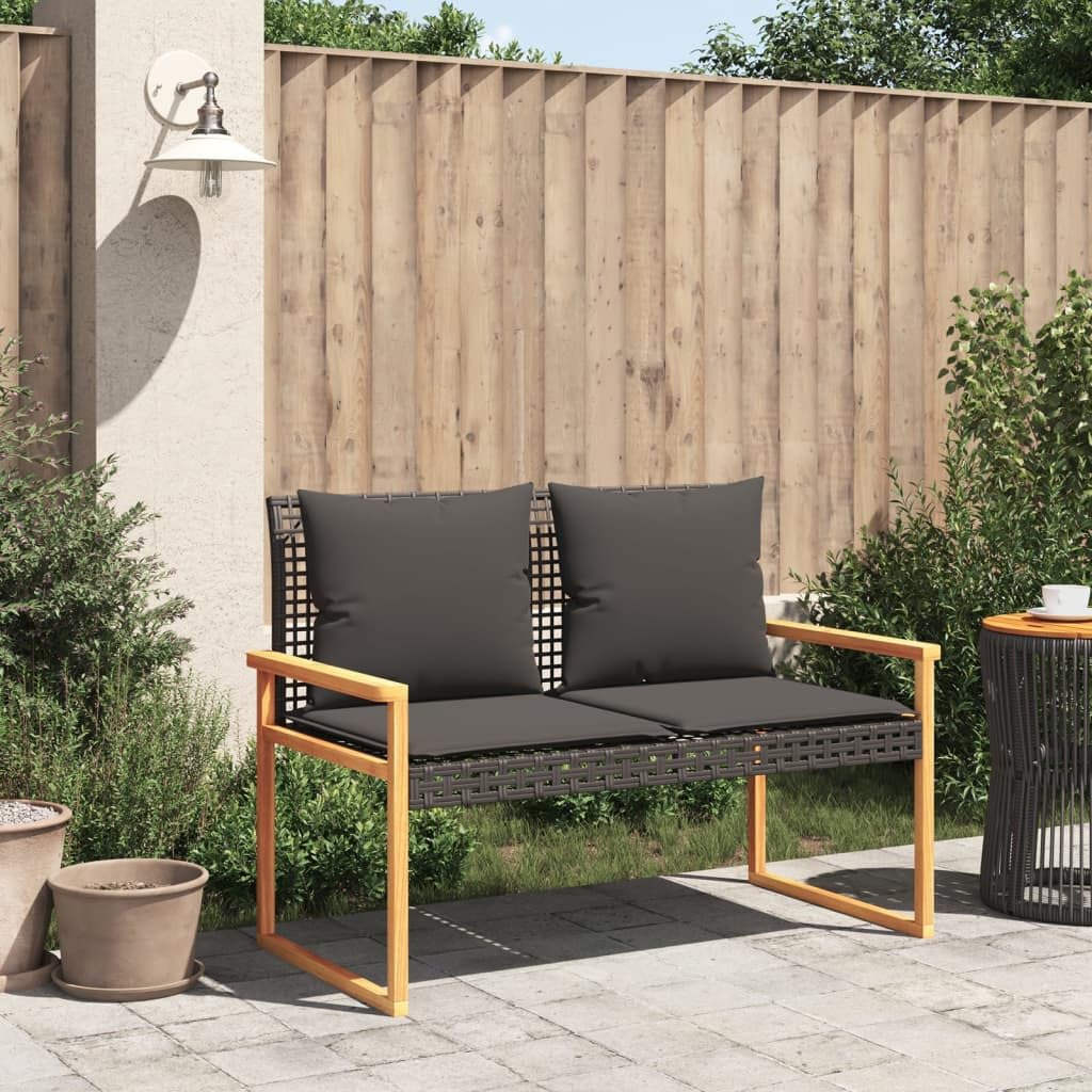 Banco de jardín con cojín de polirratán negro de madera de acacia, juego de 2 asientos para exteriores con fundas extraíbles, cómodo acolchado para terraza y balcón, marco de acero duradero