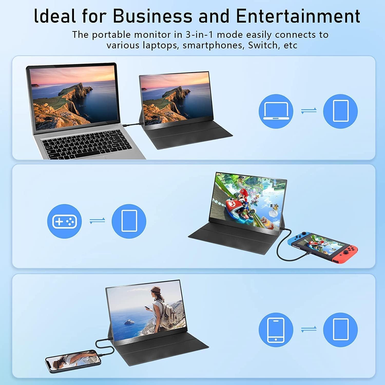 Diagram showing various connection scenarios for the AILRINNI portable monitor, including connecting to a laptop, a Nintendo Switch, and a smartphone.
