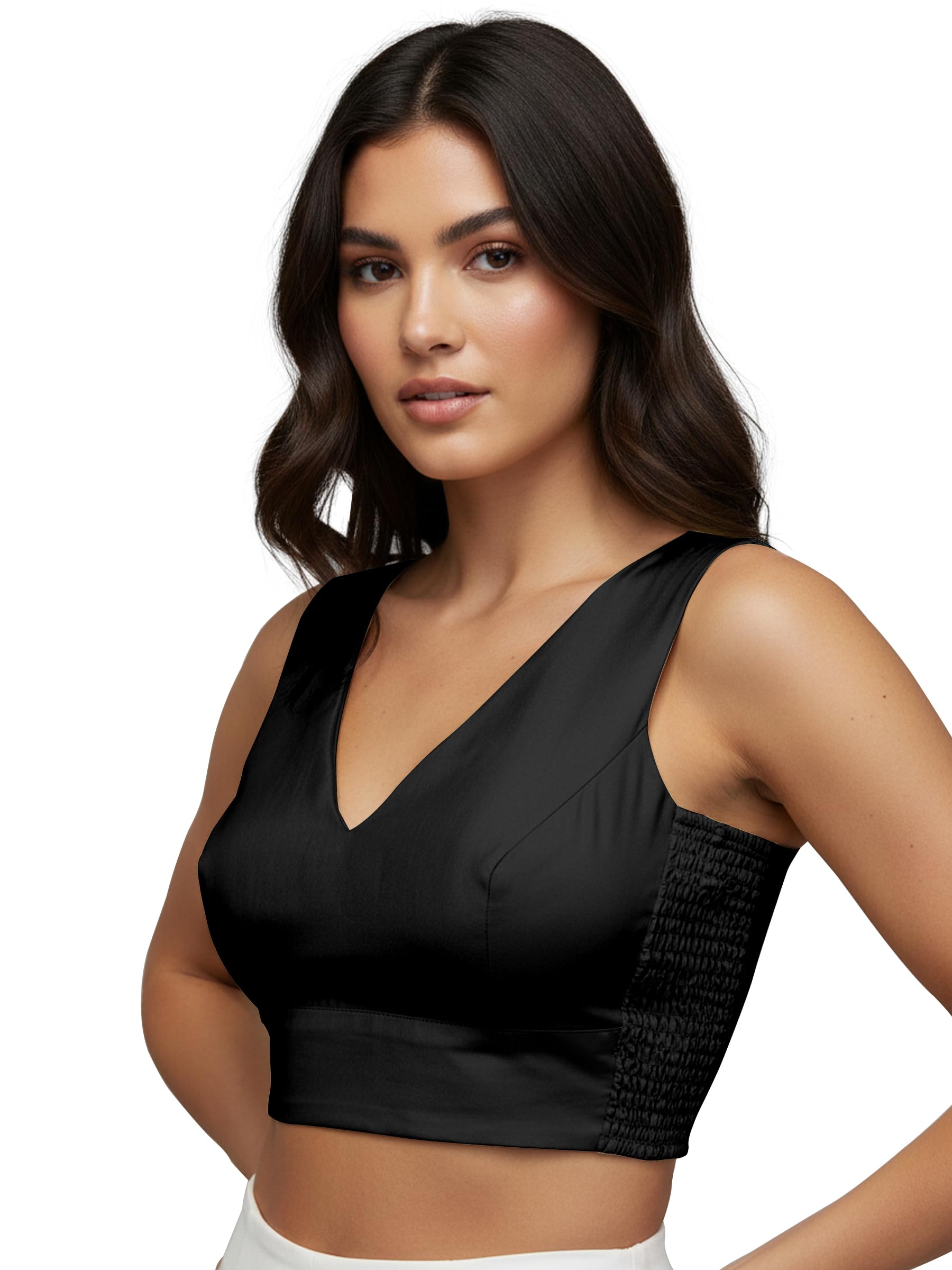V-Neck Taffeta Padded Sleeveless, Back Hook Closure with Smocked Side Panel, String or tie, Readymade Saree Blouse for Women-image-45