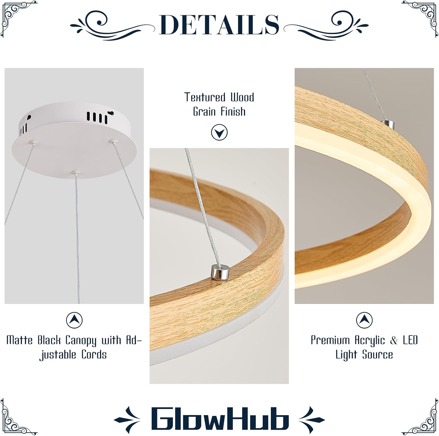 Ring Chandelier LED Wood Grain Round Chandeliers Modern Farmhouse Pendant Light Circular Hanging Ceiling Light Coastal Chandelier for Dining Room Kitchen Entryway, 20 inches