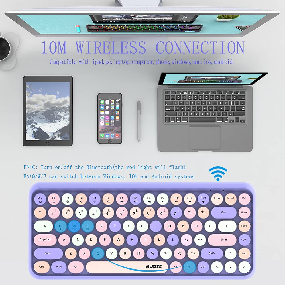 FELiCON 308i Bezprzewodowa klawiatura Retro, Cicha Urocza Klawiatura Komputerowa Bluetooth z Compact 84 Klawiszami, lekka, Matowa Tekstura, Konstrukcja Maszyny do Pisania na PC/Laptop/Mac-Mixed Purple