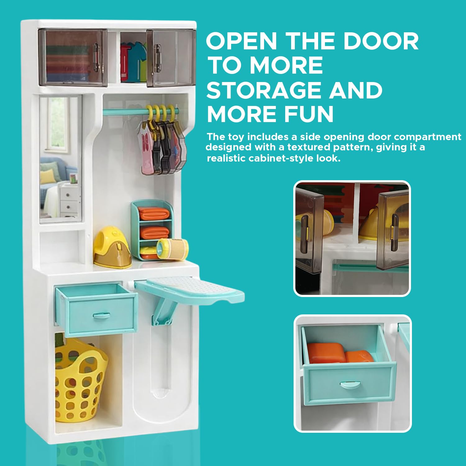 NHR Kids Toy Wardrobe and Laundry Pretend Playset – Mini Closet Storage Organizer, Iron, Hangers, Laundry Basket & Accessories – Pretend Play Dollhouse Furniture Gift for Kids Aged 3+ 3