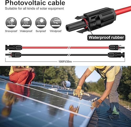 Miniatura 10 de iGreely 1 par de cable de extensión de panel solar de 50 pies negro + 50 pies rojo 10 AWG (6 mm) con conectores hembra y macho