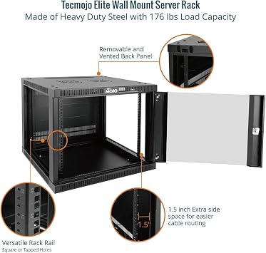 Tecmojo 9U Wall Mount Rack Cabinet, Heavy-Duty 176 Lbs High Load Capacity, 19 Enclosed Server Network Rack with 2 Colling Fans,Glass Door, 23.6 Deep Elite Collection