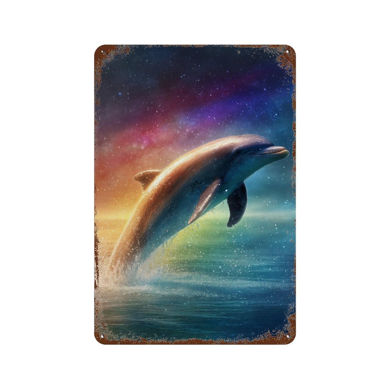 Rust Effect Rainbow Dolphin Splash Rustic Tin Plaque 11.8"x7.9", Industrial Home Decor for Bistro, Counter And Cafe Decor