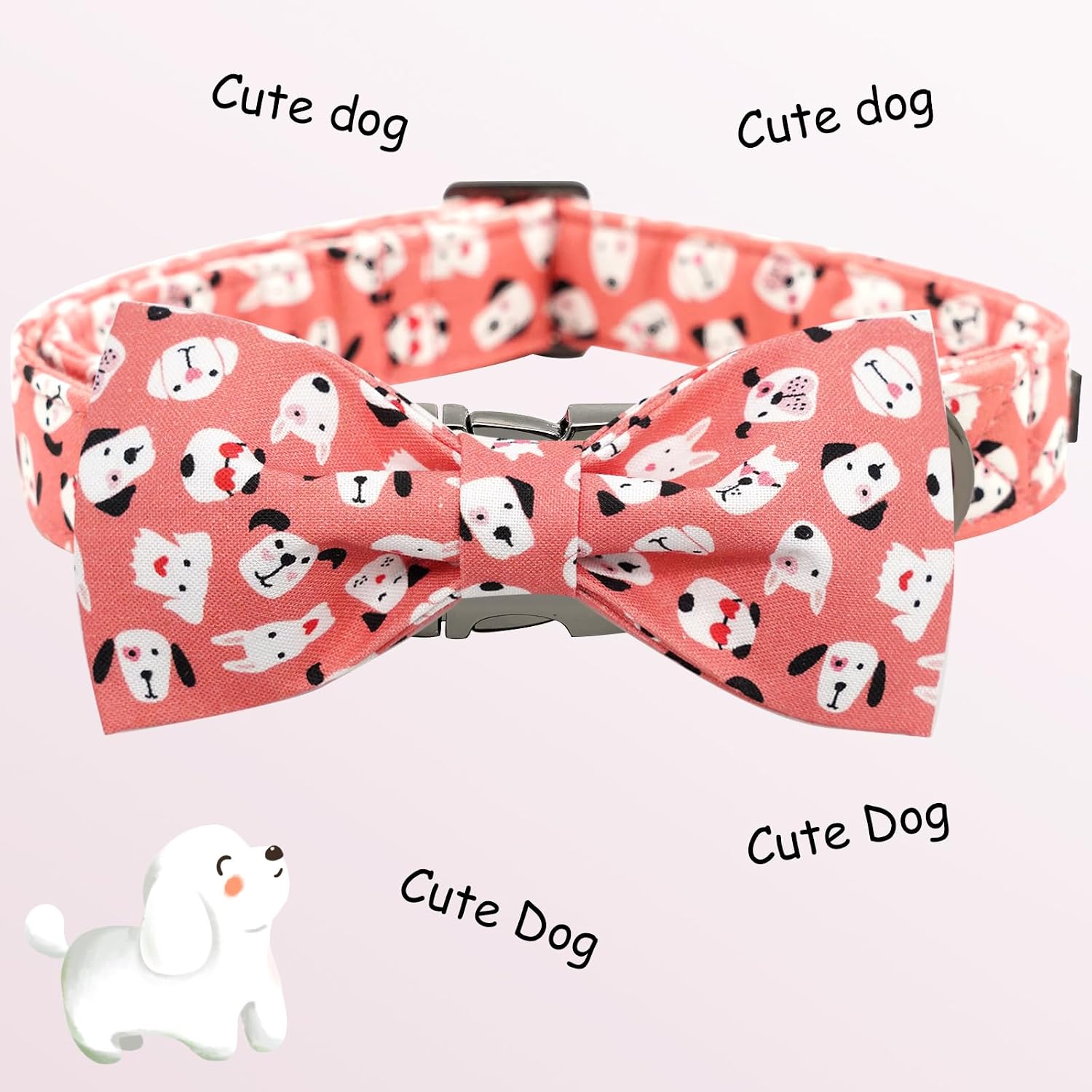Elegant Little Tail Dog Collar With Bow Tie - Cute Heart Print Pink Pet Collar for Boy Girl - Adjustable Bowtie for X-Large Dogs
