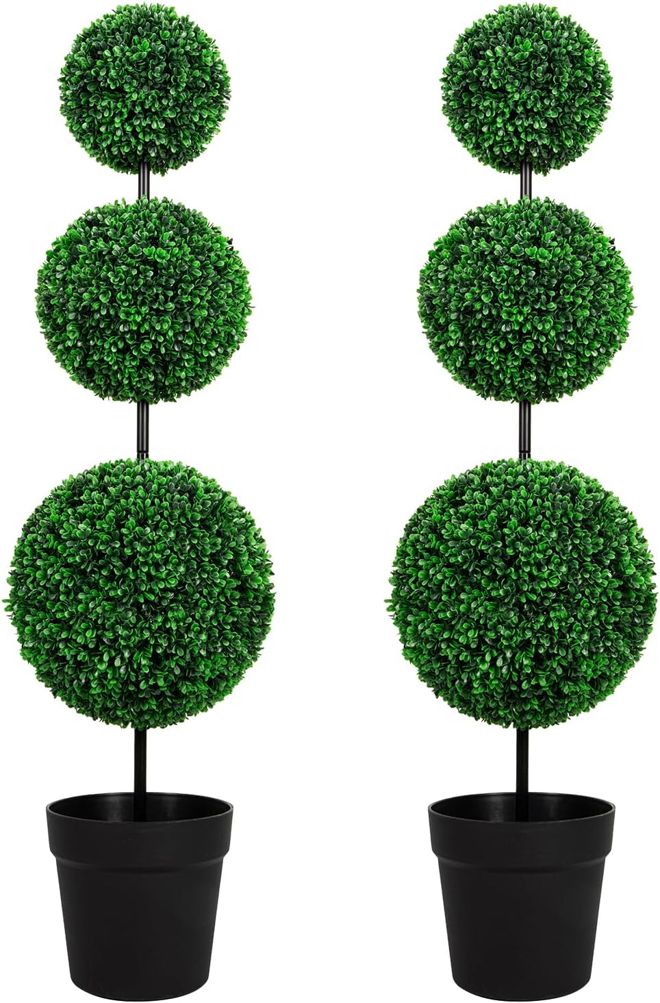 3FT UV-Resistant Artificial Triple Ball Boxwood Topiary Set of 2, All-Weather Outdoor & Indoor Decor for Garden, Porch, Entryway
