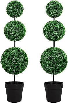 VIVATREES 4FT Artificial Triple Ball Topiary Trees with Black Planter Pot, Outdoor Indoor Realistic Faux Shrubs Plants, Fake Trees for Home Offices Porch Decor, Set of 2