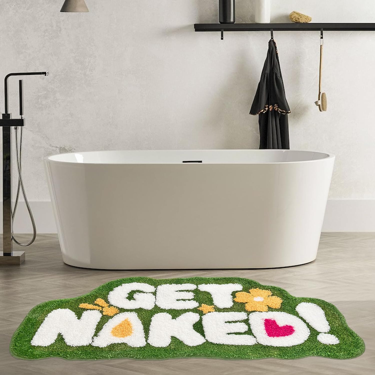 Get Naked Green Bathroom Rug – Funny Plush Non-Slip Bath Mat, 20”x40” Absorbent Quick-Dry Microfiber, Cute Flower & Heart Design, Humorous Decor for Bathtub, Bedroom, Shower