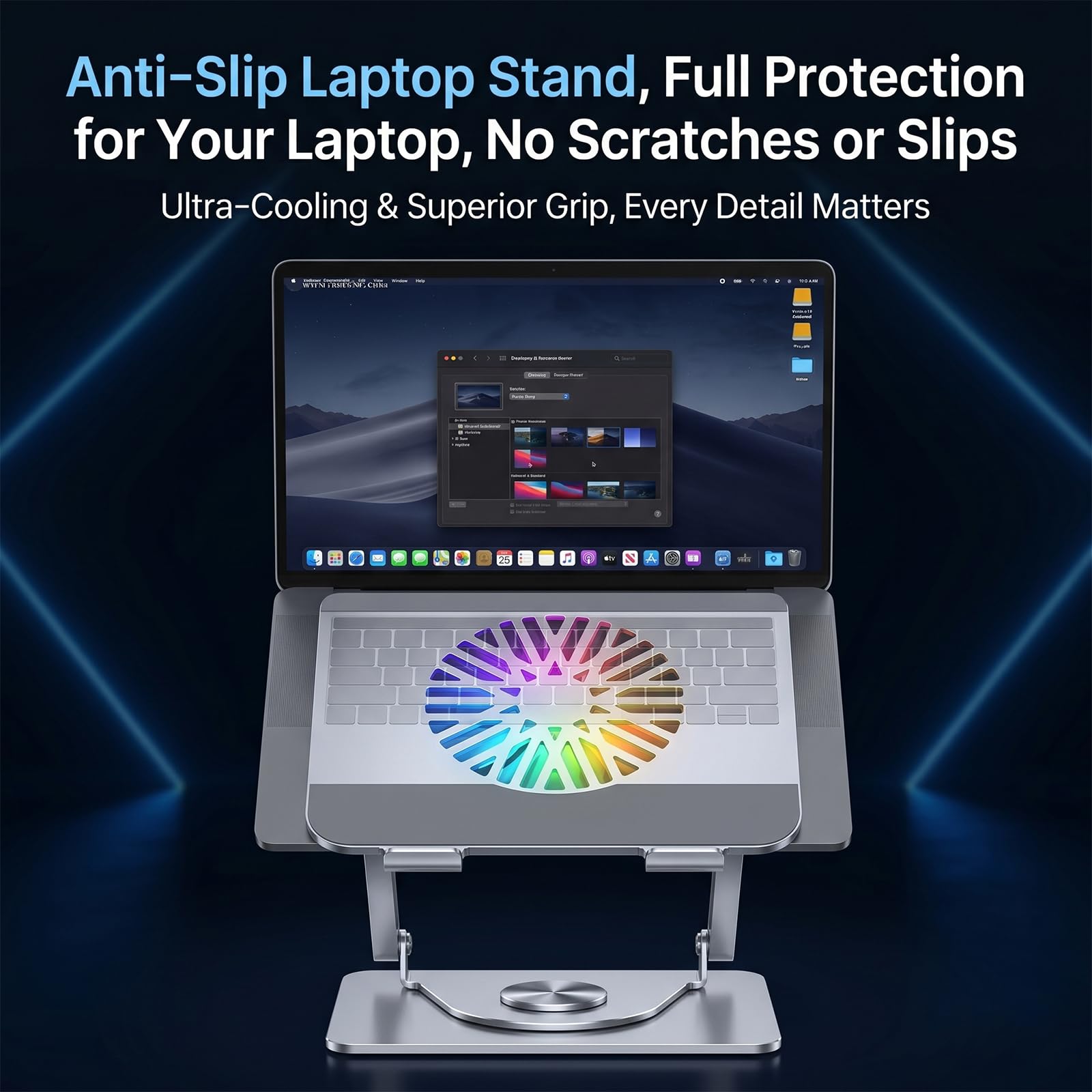 Soporte de refrigeración RGB para laptop con base giratoria de 360°, elevador plegable ajustable para laptop, ventilador ultra silencioso para disipación de calor, soporte ergonómico para laptop de 10