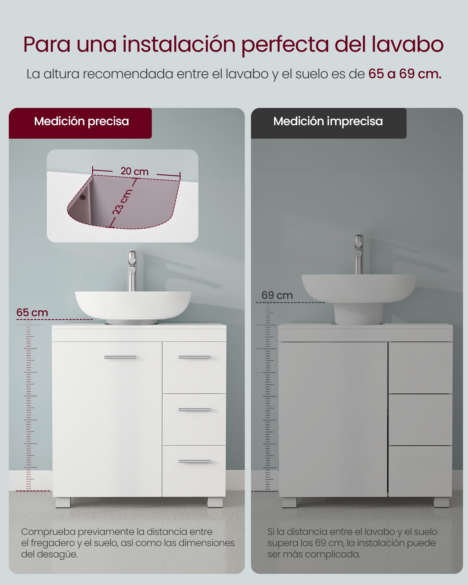 VASAGLE Mueble Bajo Lavabo, Armario de Baño, 3 Cajones, 2 Compartimentos Detrás de la Puerta, con Pies, 30 x 60 x 64 cm, Blanco Nube BBK514WB01
