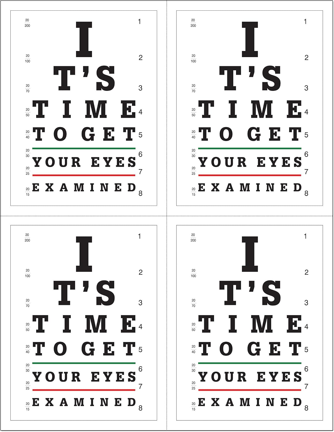 Laser Reminder Postcards, Optometric Appointment Reminder Postcards. 4 Cards Perforated for Tear-off at 4.25" x 5.5" on an 8.5" x 11" Sheet of 8 Pt Card Stock. (5000)