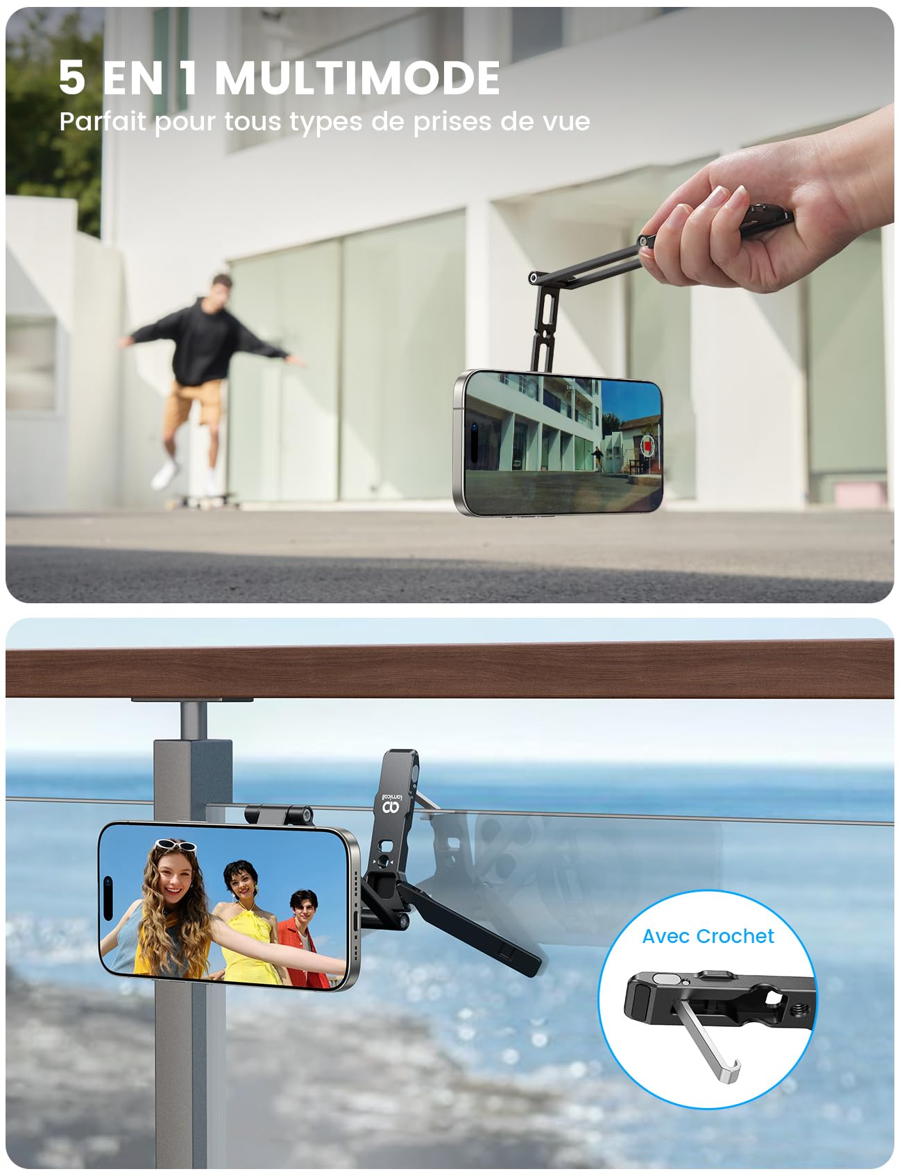 Lamicall 5 EN 1 Trépied Smartphone, Mini Trépied pour Magsafe - [Ultra-Compact] Mini Perche à Selfie Portable Aluminium, 1/4" Vis & Arca‑Swiss, Crochet Caché, pour iPhone 17/16, pour Vidéo Vlog Voyage