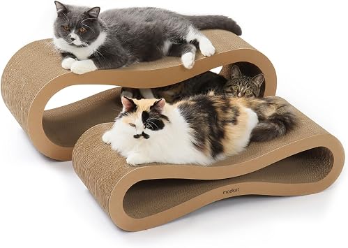 Modkat Premium 2 Cat Scratcher Set. Large 30L X 10.6H in. and Small 26.6L X 7H in. Sizes. Scratch, Play Lounge. High-Grade Cardboard, 100% Recyclable, Reversible.