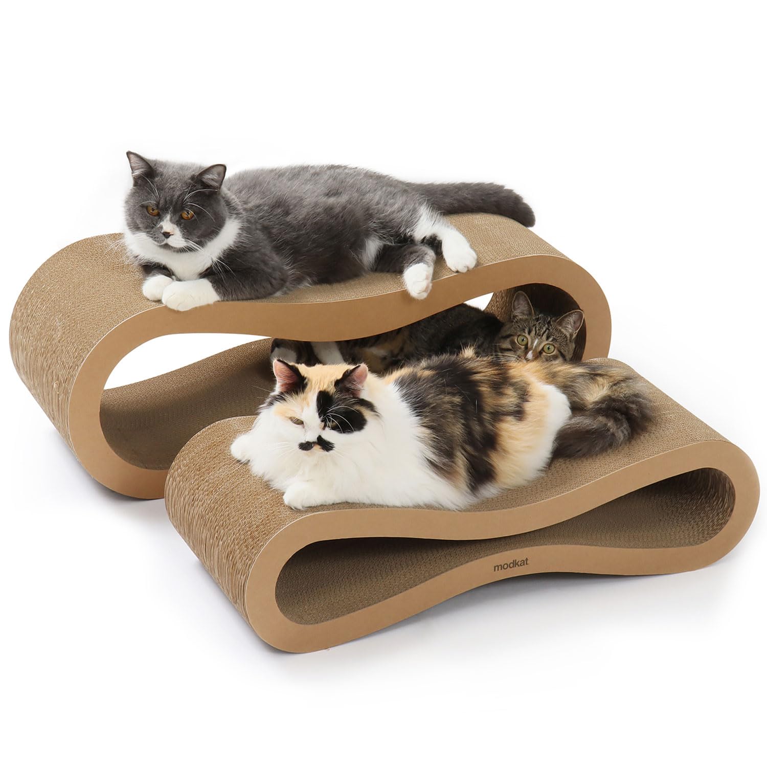 Modkat® Premium 2 Cat Scratcher Set. Large (30L X 10.6H in.) and Small (26.6L X 7H in.) Sizes. Scratch, Play Lounge. High-Grade Cardboard, 100% Recyclable, Reversible.