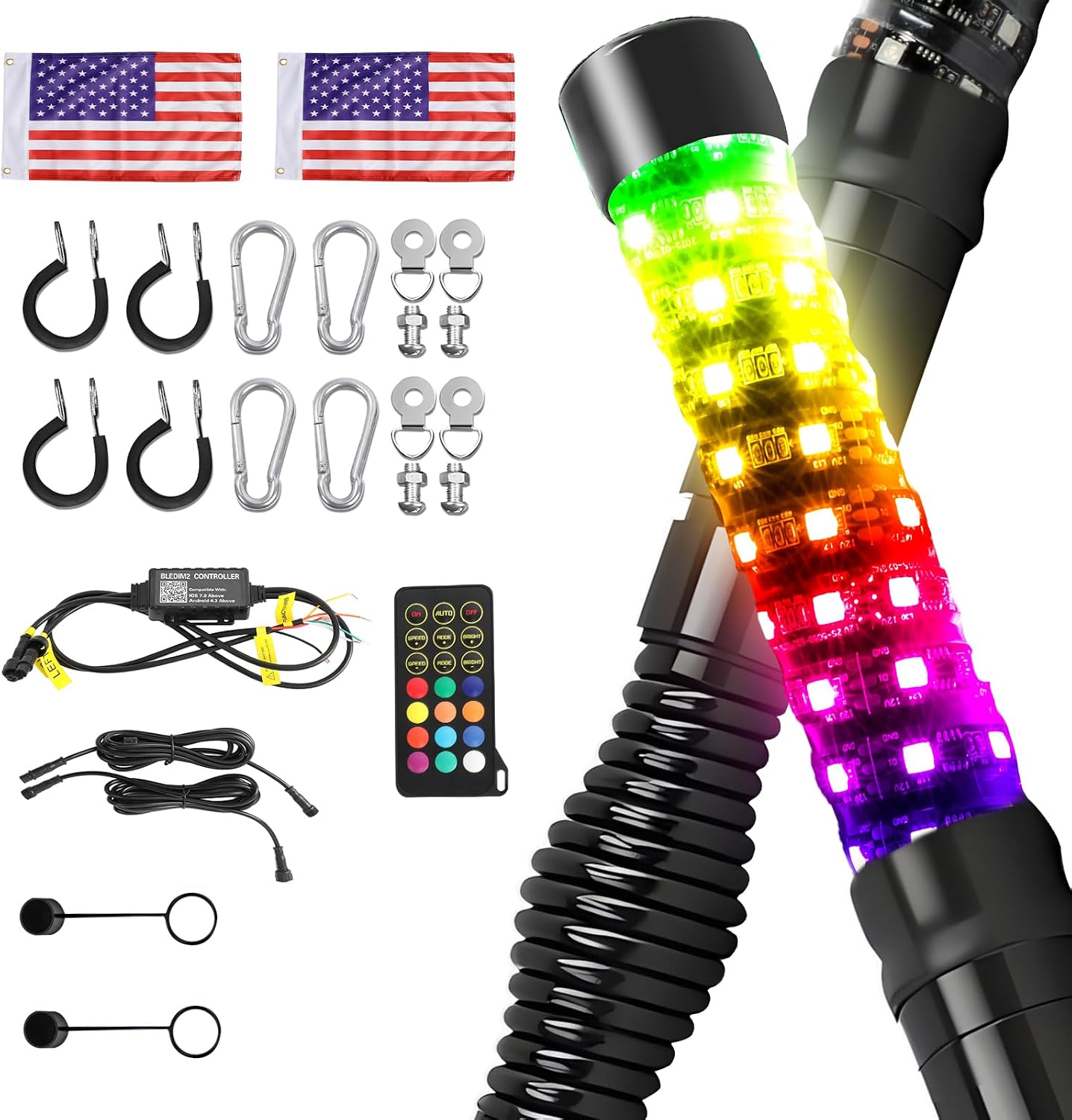 CO LIGHT 2PCS 1FT RGB LED Whip Lights with Spring Base Fat Whip Lights with APP ＆ Remote Control, 600 Colors ＆ Spiral Chasing Modes Compatible with UTV ATV RZR Can-AM Polaris