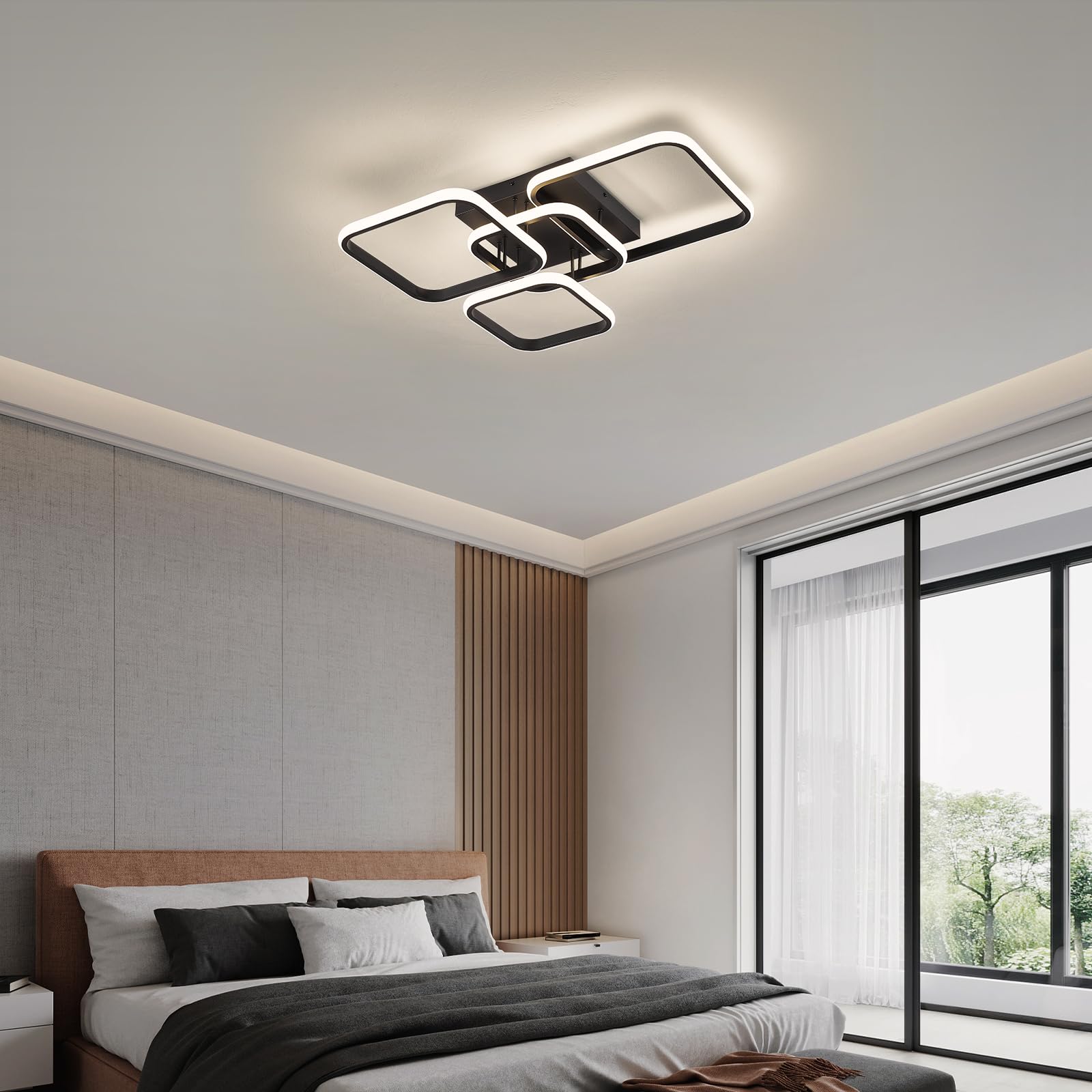 Moderne LED Deckenleuchte, 60W 57CM Wohnzimmerlampe Schwarze Deckenlampe | 4000k LED Lampe für Wohnzimmer Schlafzimmer Esszimmer Flur Küche