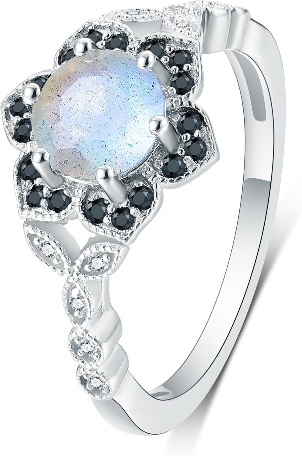 Bridal Engagement Wedding Rings for Women Round Natural Black Rutilated Quartz/Blue Topaz/Amethyst/Labradorite/Herkimer Diamond 6.5mm Victorian 925 Sterling Silver Promise Ring for Her Size 4-9