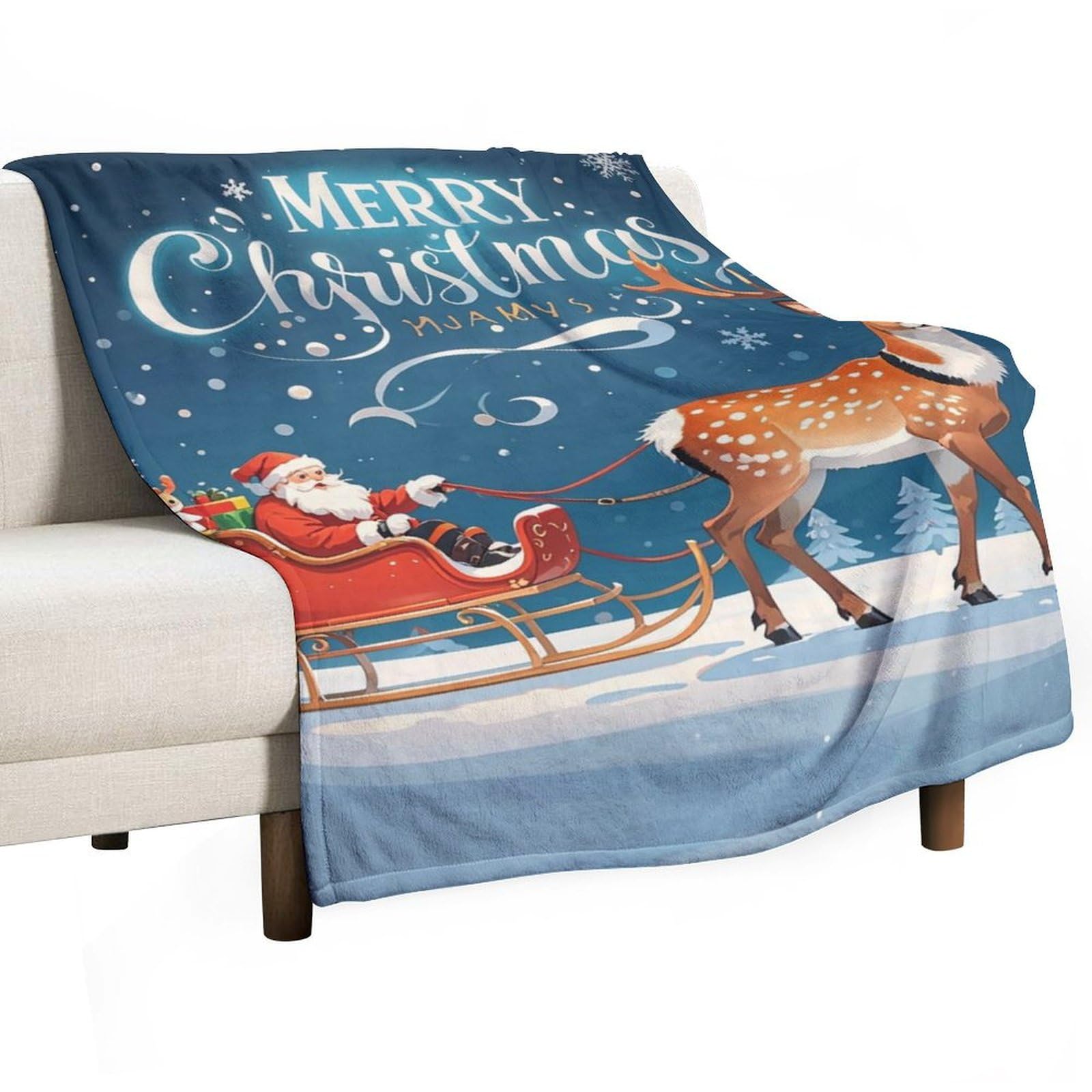 Couverture en flanelle haut de gamme au motif élan et traîneau du Père Noël