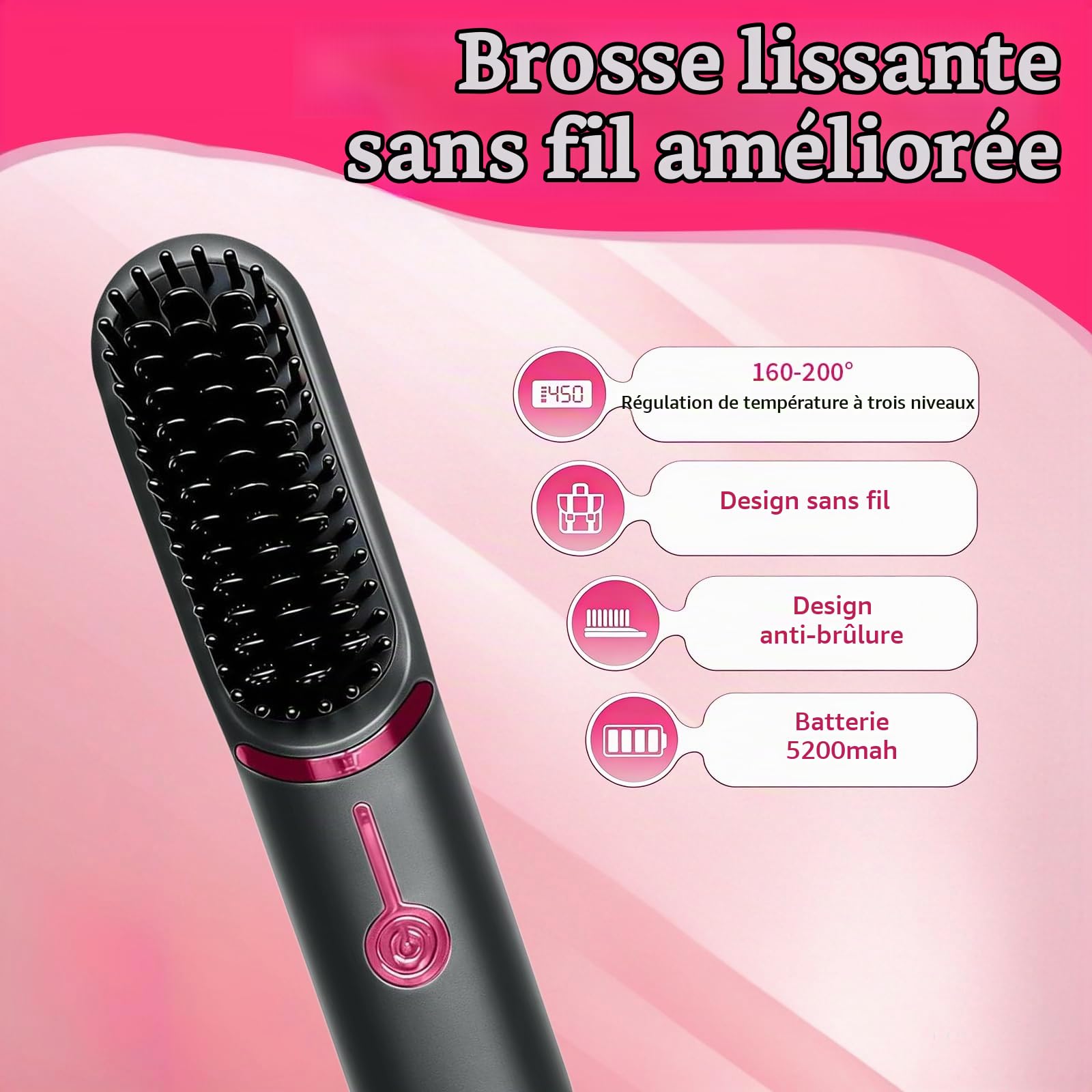 Brosse Lissante pour Cheveux, Lisseur Cheveux Céramique, (Gris) | Portable Sans Fil PTC Chauffage Lisseur, 3 RéGlages De TempéRature, Céramique Anti-BrûLure, pour Voyage & Powerbank