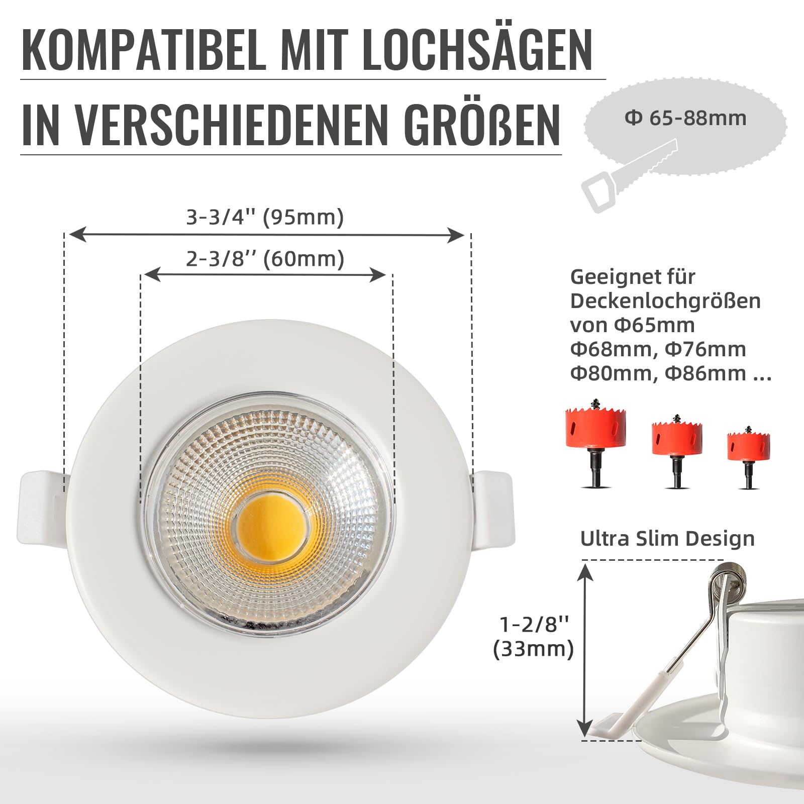 6er Einbaustrahler LED 10W Dimmbar LED Spots 230V Weiß Rund Deckenspots 3000K Warmweiß Einbauleuchten 65-88mm Lochmaß 850LM Einbauspots für Küche Wohnzimmer