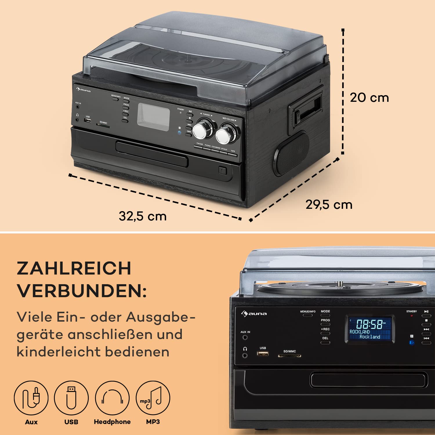 Auna Plattenspieler für Schallplatten, Plattenspieler mit Lautsprecher, CD-Player, USB & DAB Radio, Schallplattenspieler im Retro-Design, Moderner Record Vinyl Player, mit Bluetooth