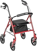 Drive Medical Rollator Walker with Seat: 350 lb Capacity, Height Adjustable, Foldable Steel Frame, 7.5" Smooth Wheels - Red