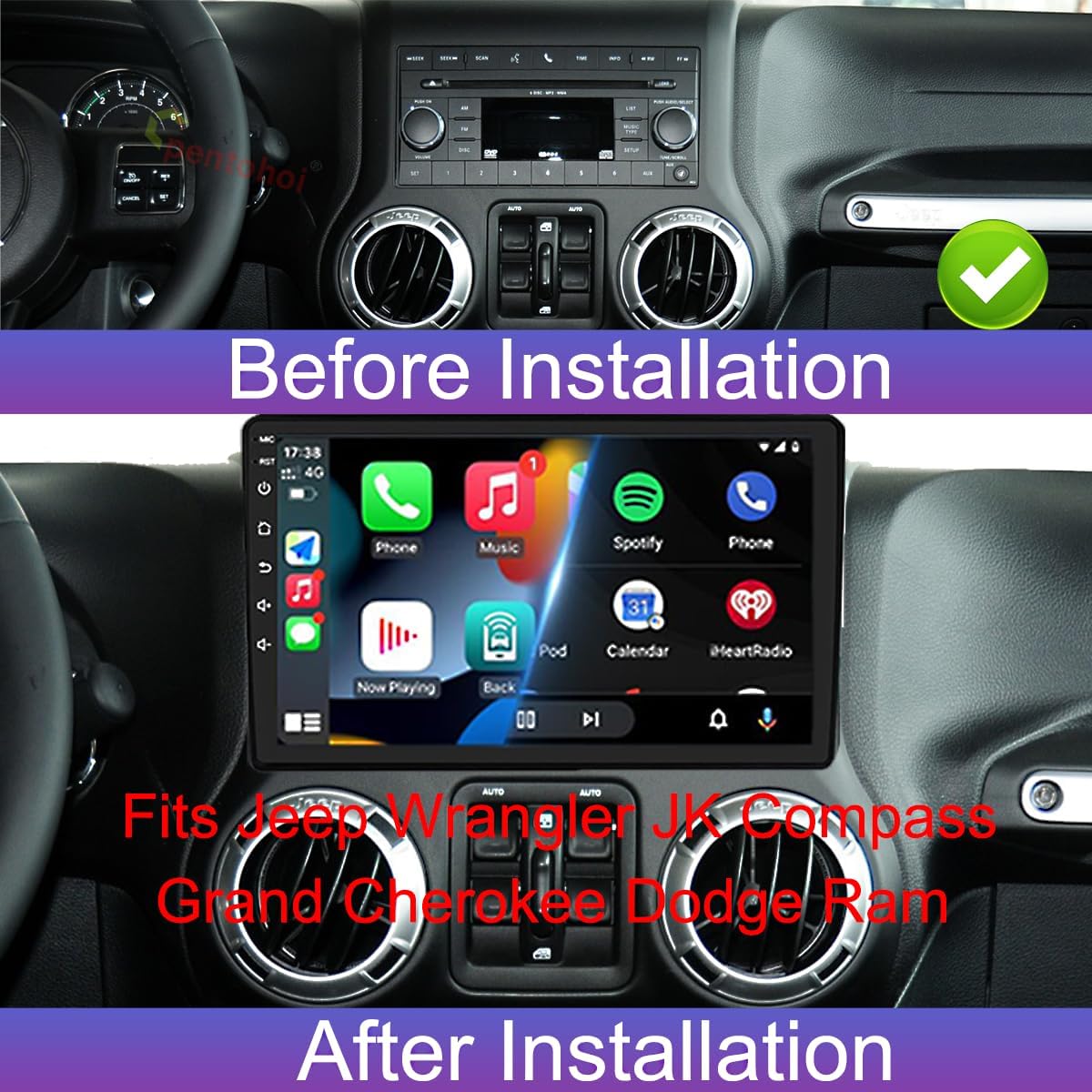 Side-by-side comparison of a car dashboard before and after installation of the liyidaing car stereo, showing the original radio replaced by the new unit.