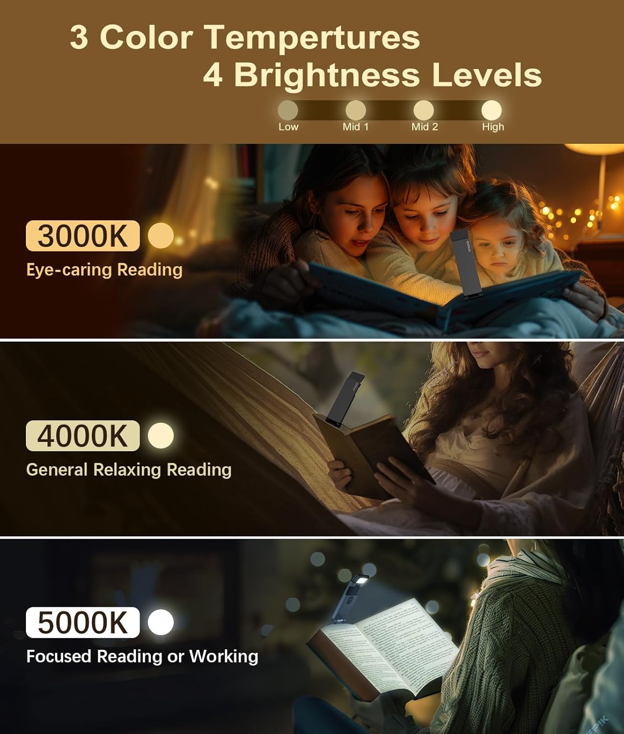 VTIGER Reading Light, USB Rechargeable Book Light for Reading in Bed,Foldable Clip-on LED Booklight, 3 Amber Colors & 4 Brightness Dimmable,Long Lasting Portable Bookmark Lamp for Book Lovers, Kids