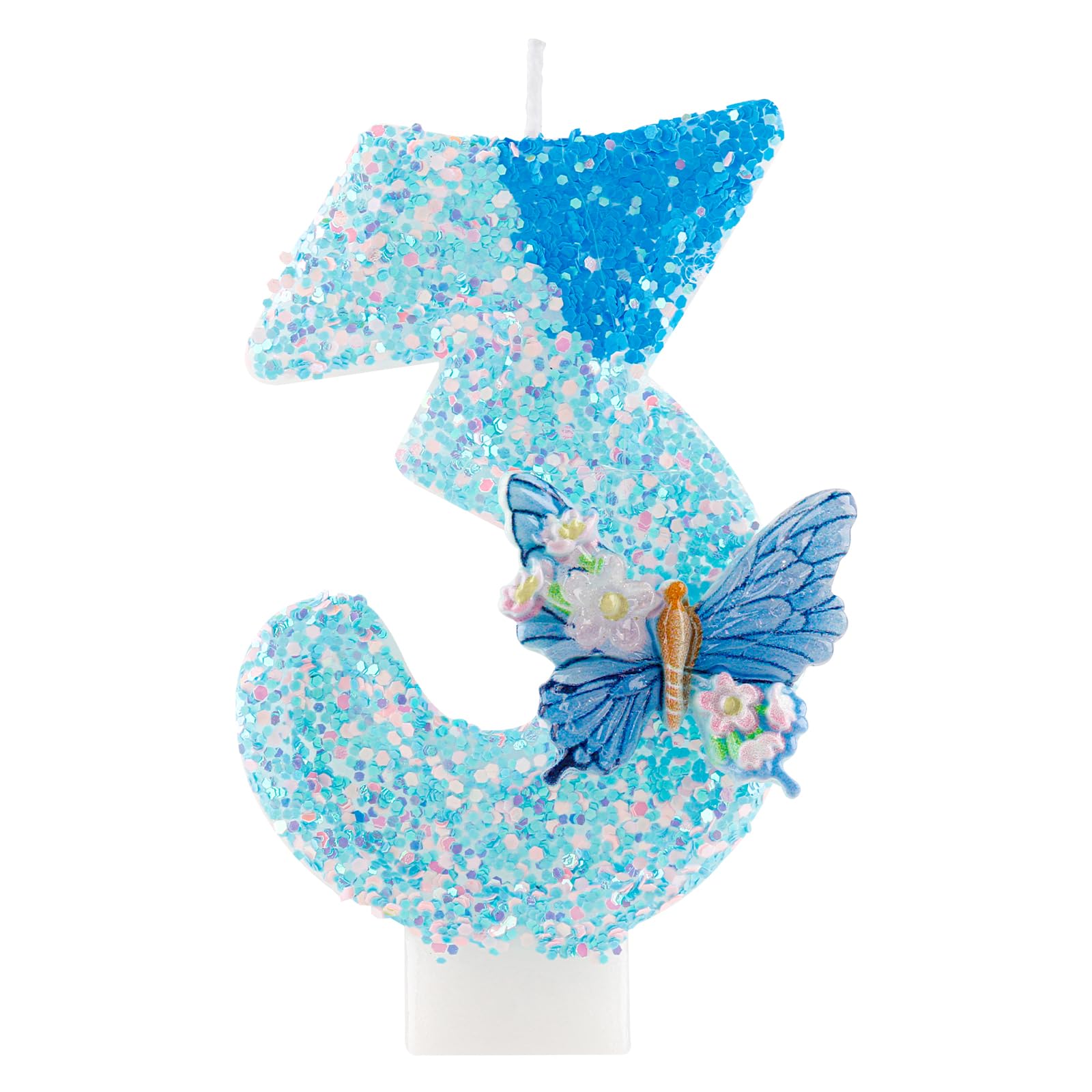 Yiran Number 3 Birthday Candle, Blue Butterfly Glitter Candle for 3rd Birthday Cake, Blue Pink Sequin Cake Topper, Perfect for Girls Birthday Party, Baby Shower, Anniversary Decorations