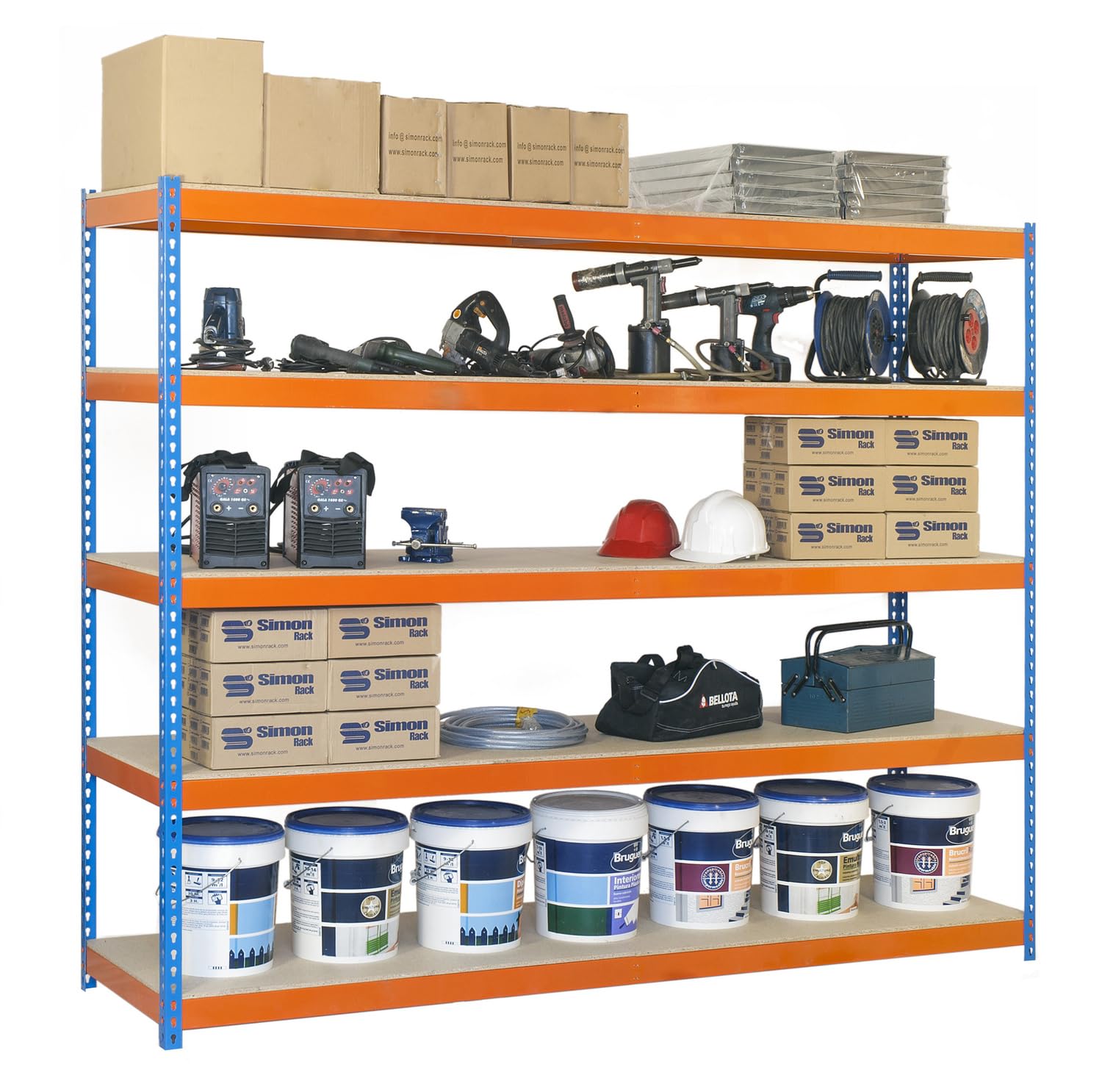 SimonRack Estantería Metálica Almacenaje, Sin Tornillos, 5 Baldas Madera, Alta Capacidad Carga 400 kg, 3000x1500x450 mm, Estantería Taller Garaje Trastero, Azul/Naranja/Madera | 5 Estantes Madera, 400 kg de Punto Flexión, Pintura anticorrosión, Azul/Naran