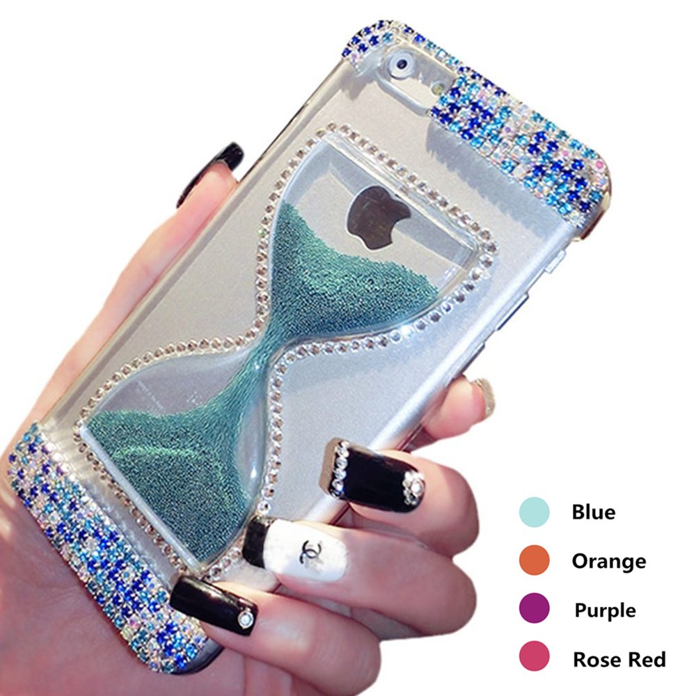 iPhone 5 Bling Case,Fuzzy Green Limited Hot Fashion 3D Flowing Caviar & Quicksand & Hourglass Design Diamond Transparent Hard Case Cover Apple iPhone 5 5S - Blue