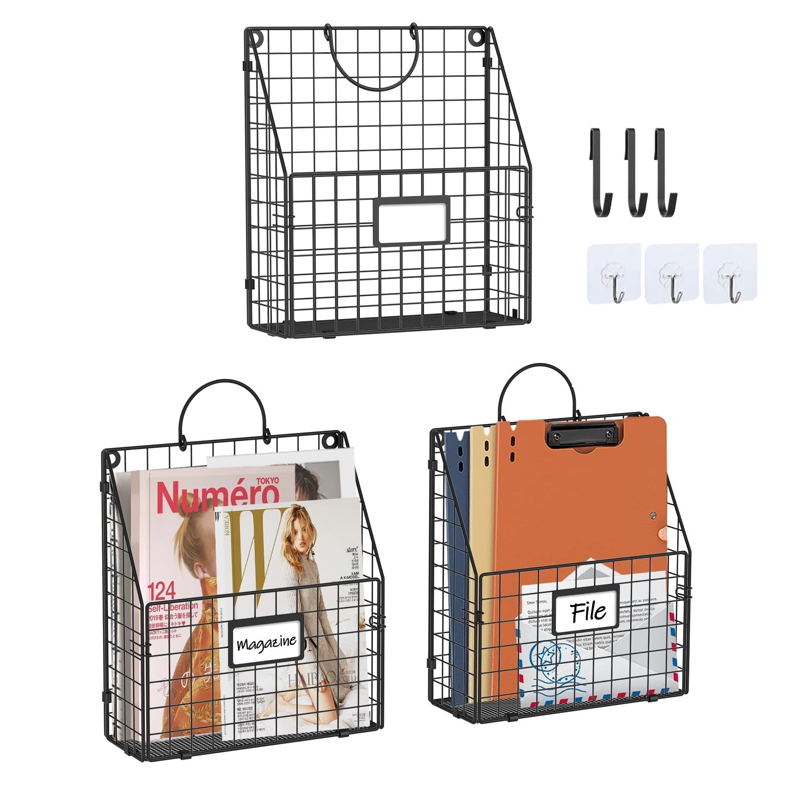 Yuzehuaza Hanging Wall File Organizer Metal Wall Mounted File Holder Folder with Handles and Hooks, Magazine Document Rack, for Home Office or Decor, 3 Packs (Patent Pending)