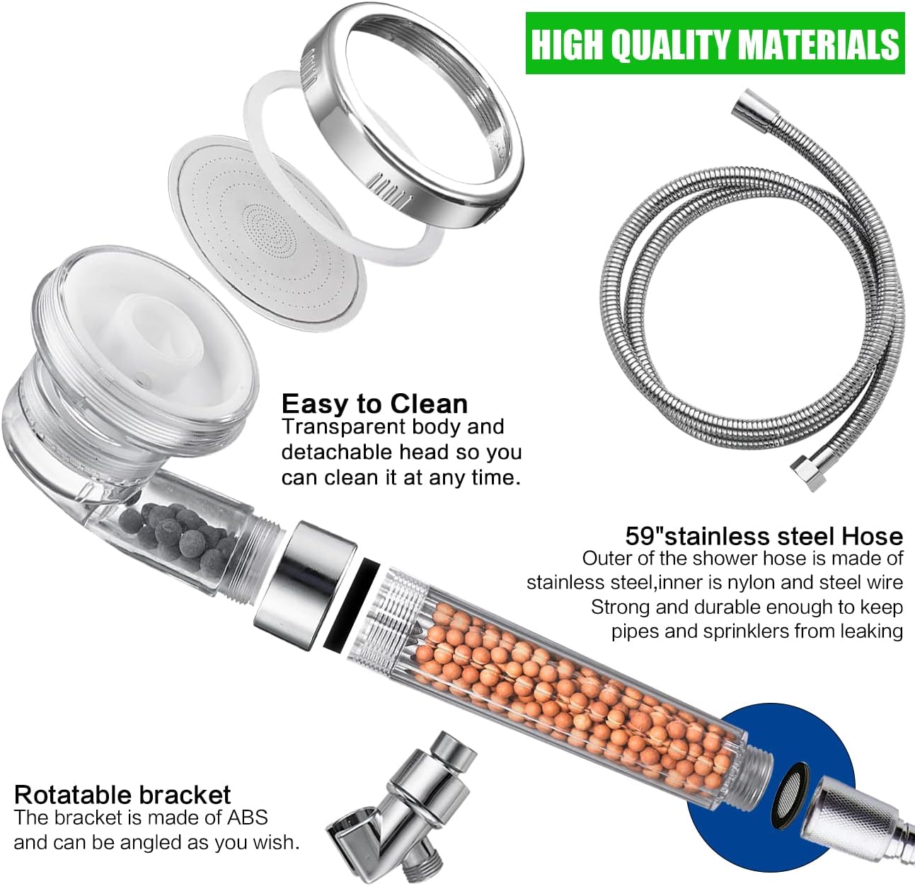 Shower Head With Replacement Hose And Holder, High Pressure Water Saving Handheld Shower Head With 3 Setting Spray 1.6 GPM For Great Shower Experience