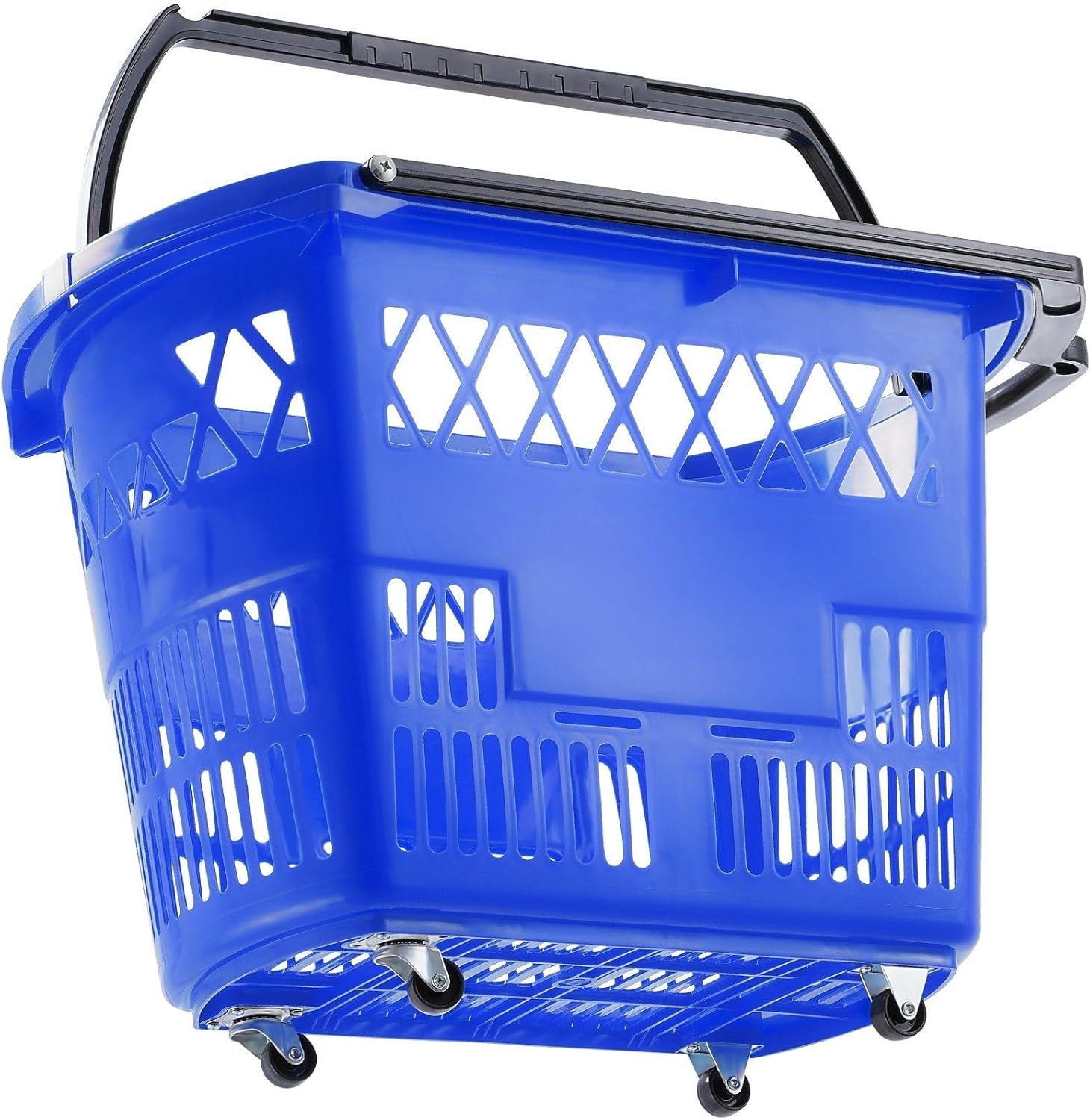 Plastic Shopping Trolley Basket on Wheels 6 Pack - 39L Rolling Hand Basket with Handle - Grocery Cart for Supermarket, Store, Home