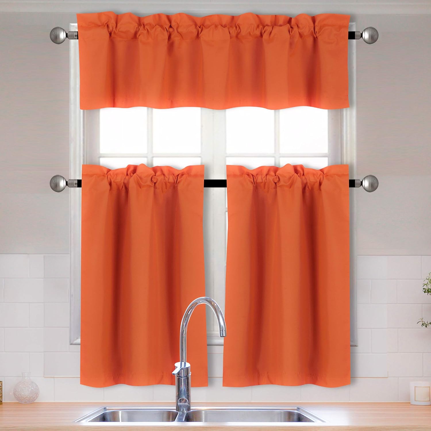 Home Collection 3 Pieces Solid Color Kitchen Curtain Set Tier and Valence with Rod Pocket Microfiber 100% Sunlight Blackout Drapes Window Treatment New (Orange)