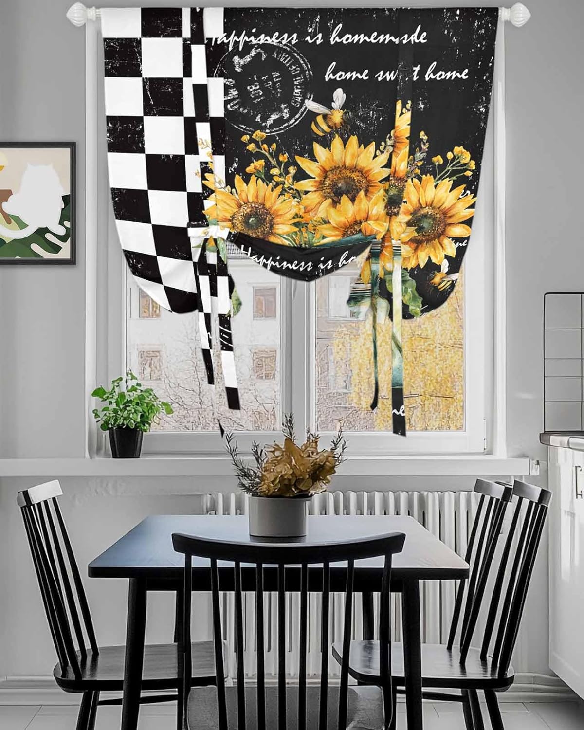 YOKOU Tie Up Curtains, Sunflower Vase Summer Adjustable Rod Pocket Balloon Window Shades for Kitchen Bathroom Bedroom 42 x63 Inch Long Black and White Check Plaid