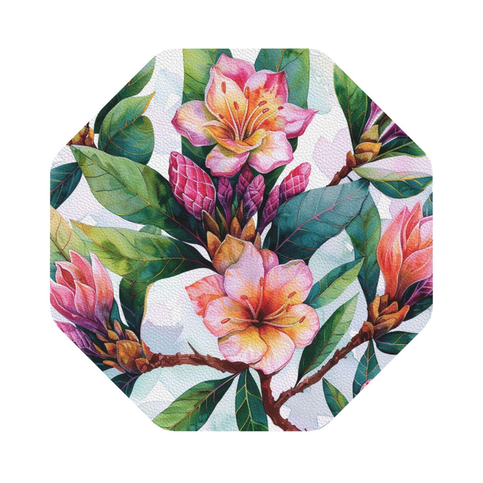 Hawaiian flower art print Print Leather Coaster Set of 6, Octagon Coasters Table Decorative Coffee Cup Beverage Coasters Wine Beer Bar Coasters for Hot Drinks Table Protection