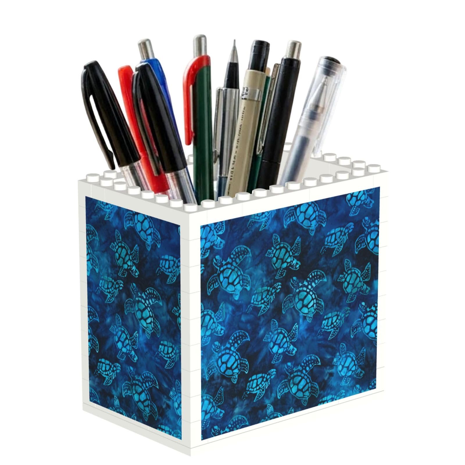 SATUSA Sea Turtle-Blue Print Building Block Texture Pen Holder - Pencil Holder For Desk Pen Organizer,Aesthetic Desk Accessories For Women(1pcs)