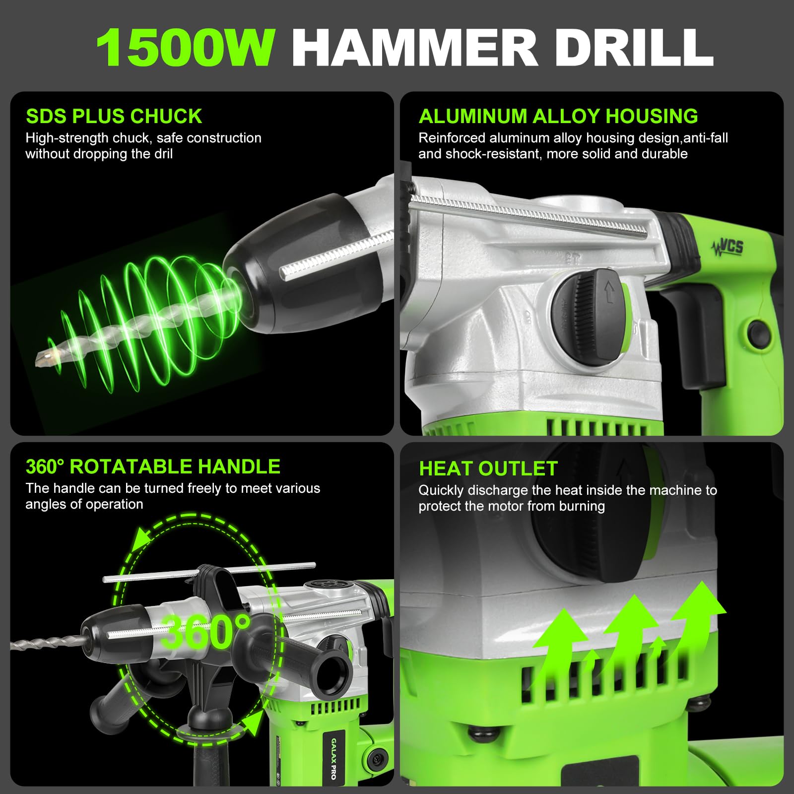 GALAX PRO 1500W Bohrhammer SDS-Plus 4-in-1 0-4000 U/min mit Koffer