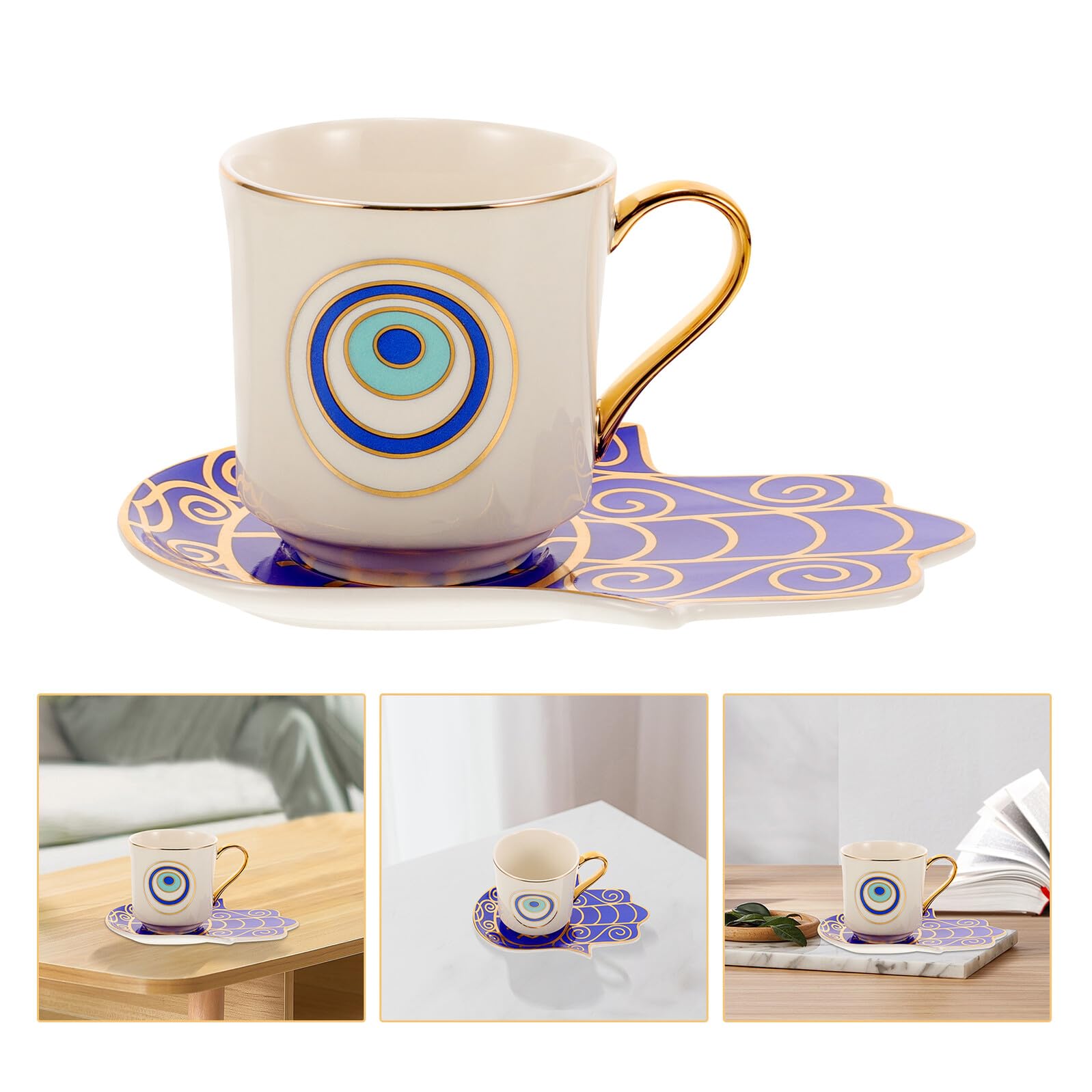 Veemoon 2 Sätze Türkische Espressotasse Set mit Blauem Auge Keramische Kaffeetassen und Untertassen Vintage Design Spülmaschinenfest für Kaffee Tee Milch und Wasser Stilvoll und Griffig