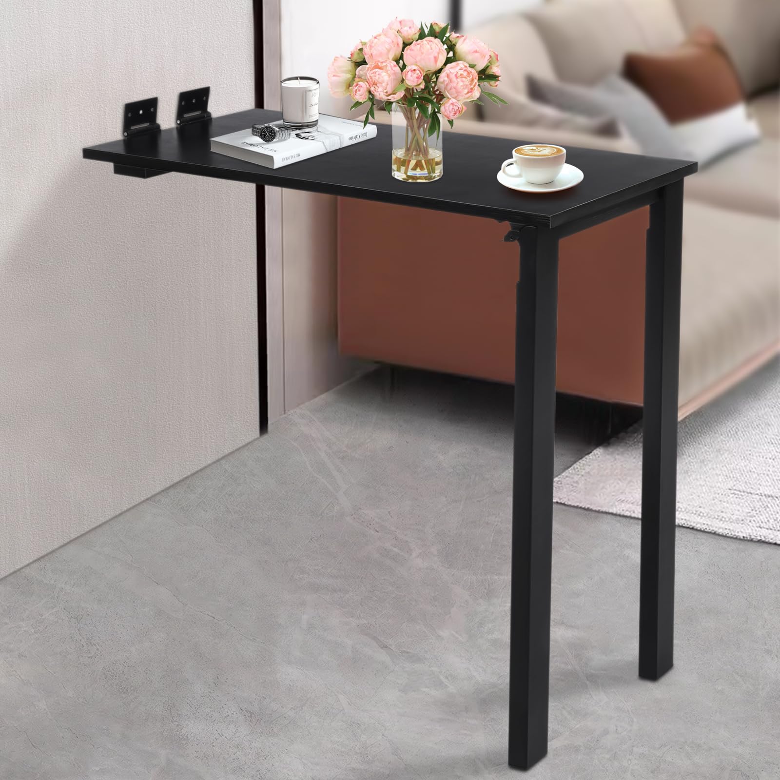 Tavolo pieghevole montato a parete in legno massello E0 grade, 75 x 40 x 74 cm, pieghevole da parete, tavolo da cucina, tavolo da pranzo, tavolo da pranzo (nero)