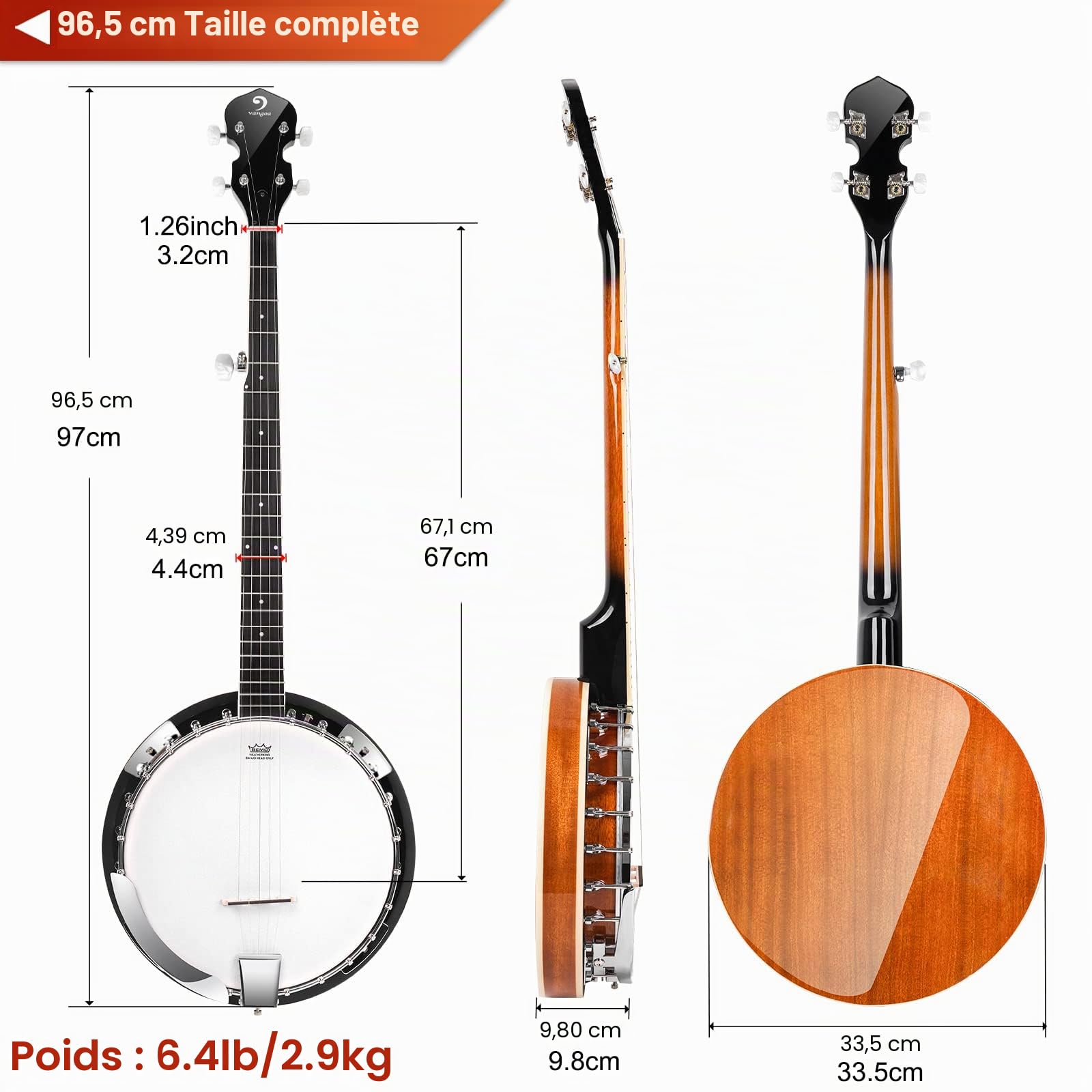 Vangoa Banjo 5 cordes avec peau Remo Dos Solide Fermé avec Kit de Débutant, Accordeur, Sangle, Ramassage, Cordes, Médiators, Sac