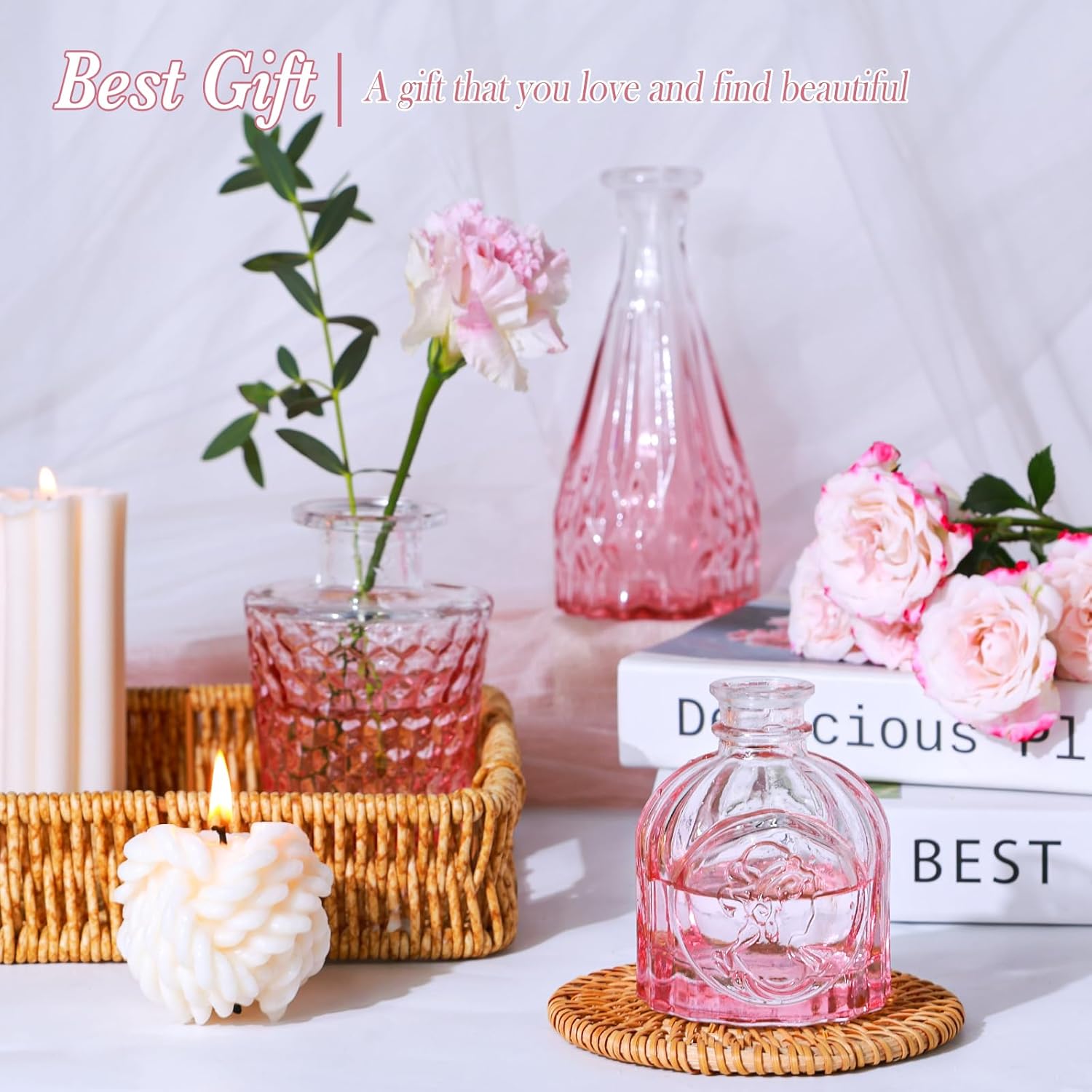 Pink Glass Bud Vases Set of 5, Mini Flower Vase for Centerpieces, Small Clear Vases in Bulk for Wedding Decorations, Vintage Vase for Table, Home Décor - Image 6