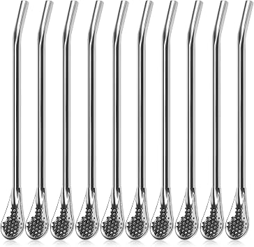 Yerba Mate Bombilla Gourd Drinking Filter Straws 304 Food-Grade Stainless Steel 7.2 Inch inch Long Spoon Bombillas Straws for Mate Tea Reusable Stirring Spoon Straw for Smoothies silver