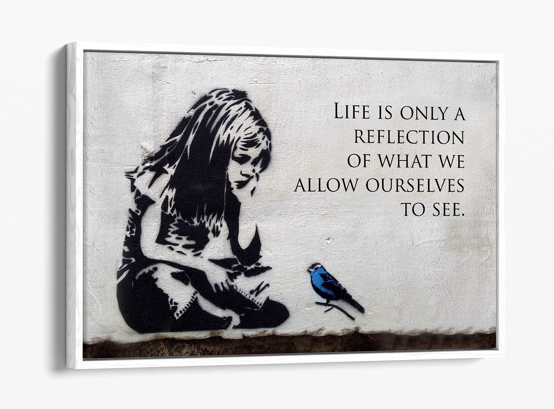 Canvasartshop Girls White - Banksy Blue Bird Quote- Float Effect Framed Canvas Wall Art Picture Print (, 36X24)